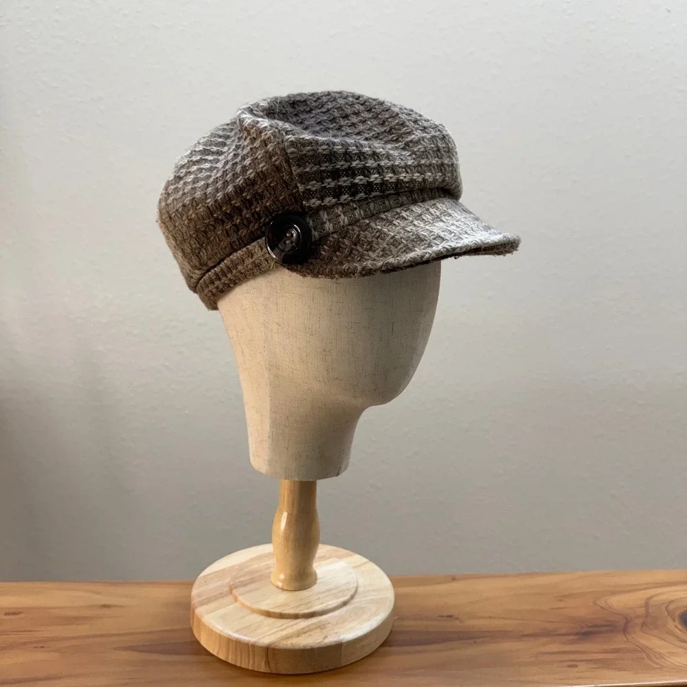 Newsboy‎ Brown Wool Blend Textured Chunky Button Detail Cap Hat One Size